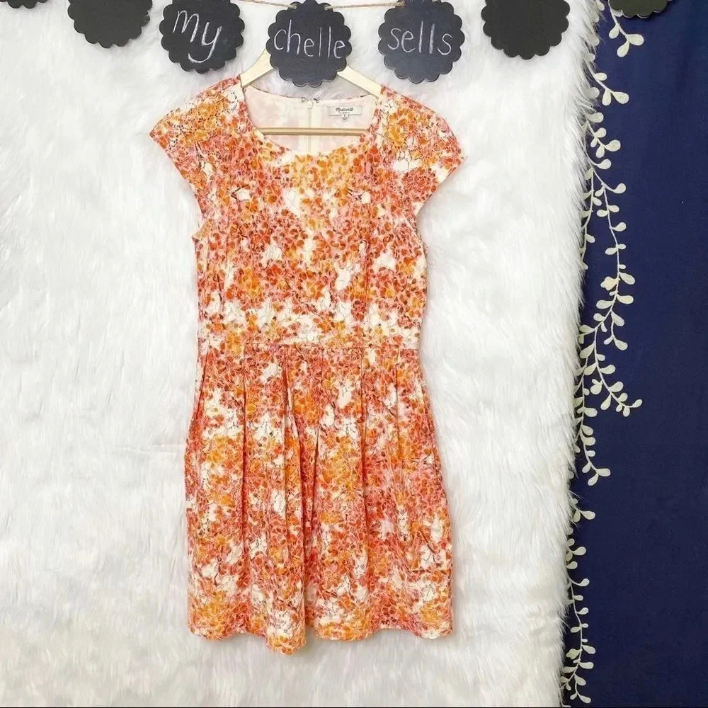 Madewell Orange Floral Print Lace Fit &‎ Flare Mini Dress